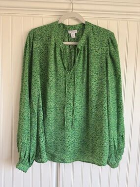 Charter Club Green Micro-Print Split V-Neck Long Sleeve Blouse